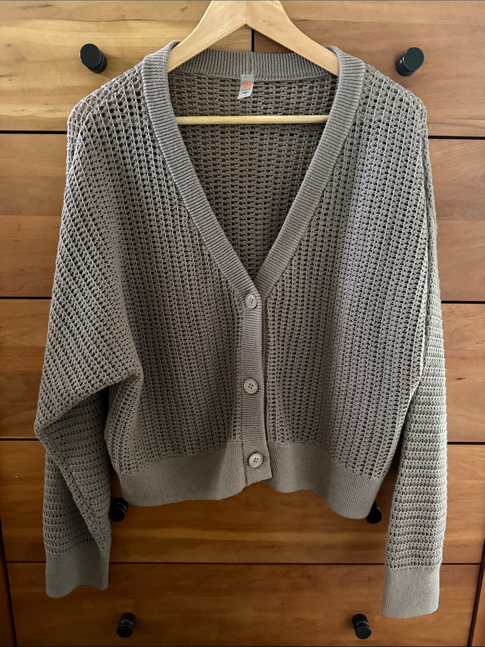 Mono B Open-Knit V-Neck Button Cardigan - Taupe Size S